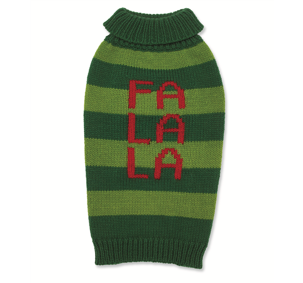 Green Striped Sweater with FA LA LA in big red letters